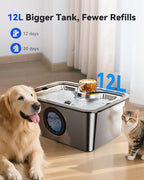 12L/3gal Stainless Steel Large Dog Water Fountain for Large Dog, Electric Pet Water Dispenser with Water Level Window&LED, Cat and Dog Fountain Water Bowl for Multi-Pet Home,Super Quiet