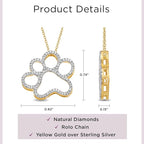 Jewelili Sterling Silver or Yellow Gold Plated Sterling Silver Dog Paw Pendant Necklace for Women | Treated Black or Natural White Round Diamonds | 18" Rolo Chain | Luxury Jewelry Gift for Her | Gift Box Included