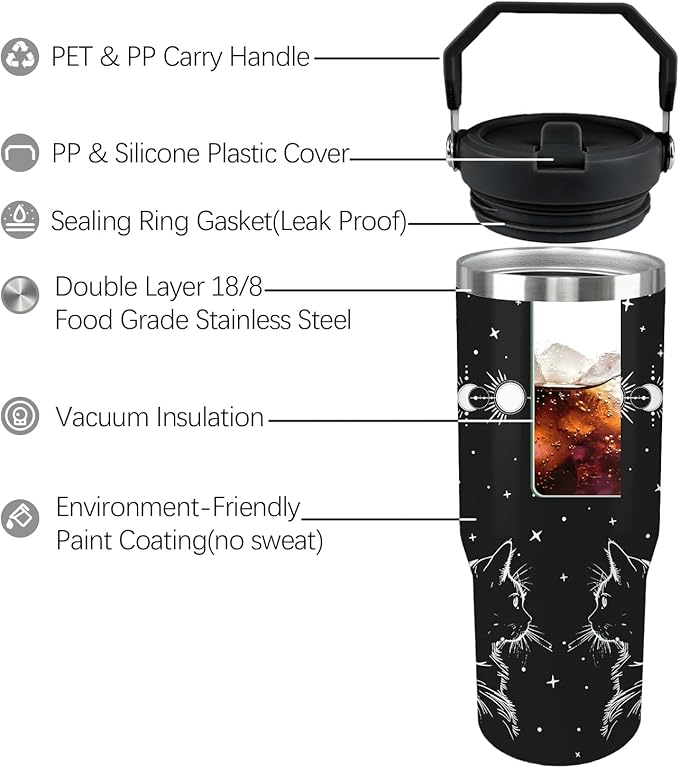 Cat Tumbler With Lid and Straw - 30oz Stainless Steel Cute Water Bottle Cup - Funny Gifts for Women