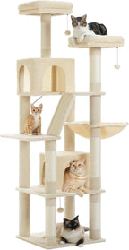 PAWZ Road 70 Inch Cat Tower, Tall Cat Tree with 2 Cozy Condos, 2 Plush Perch, Large Basket, 2 Scraching Pad & 6 Scraching Posts for Indoor Cats Large Adult, Beige