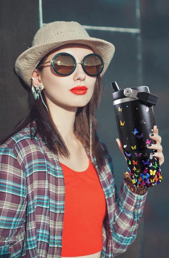 30oz Colorful Butterfly Tumbler with Handle and Straw, Stainless Steel Vacuum Insulated Coffee Tumbler, Travel Mug Water Bottle, Butterfly Stuff Decor, Butterfly Gifts for Women