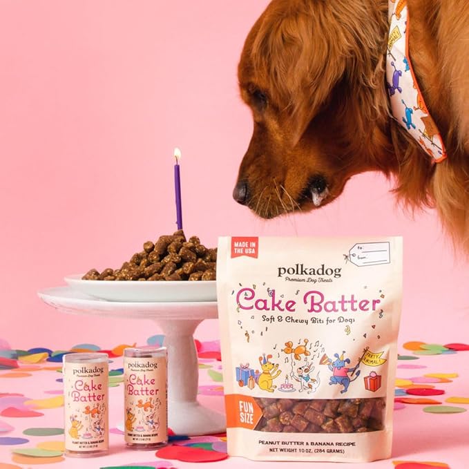 Polkadog Premium Healthy Dog Birthday Treat - Soft, Chewy & Vegan Treats - New England Peanut Butter and Banana Small Batch Recipe - Perfect Training Size, Ideal for Any Occasion | Cake Batter Flavor