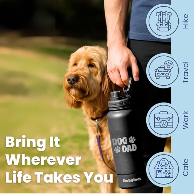 Dog Dad Water Bottle – 32 oz Stainless Steel Double Wall Insulated with 8 oz Detachable Bowl on Bottom – Cool Dog Dad Gifts for Men for Hiking, Walking, Travel & Everyday Adventures – DD Black