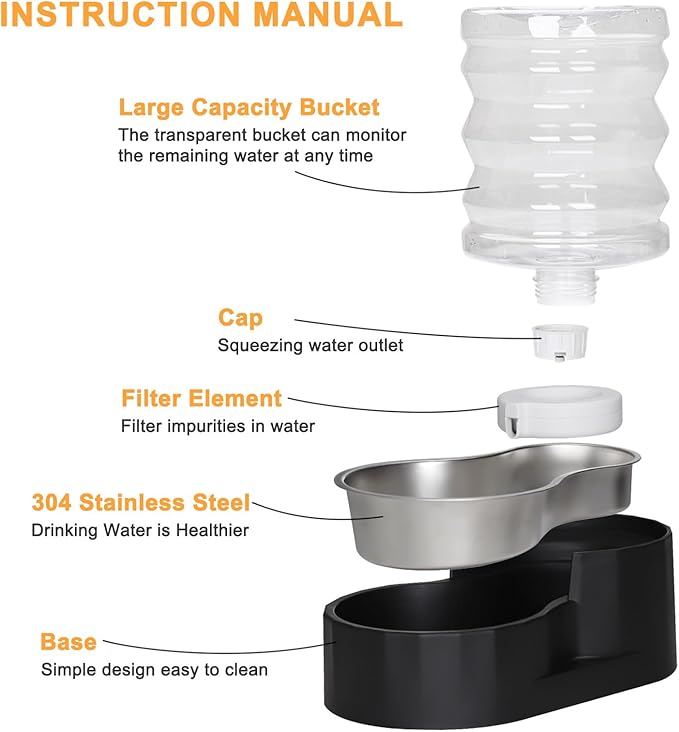 RIZZARI Dog Water Bowl Dispenser: 5L Gravity Black Automatic Stainless Steel Drinking Feeder with Filter for Dogs and Cats