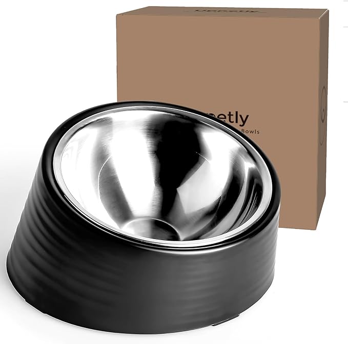 Tilted Slanted Dog Bowl 1 Cup, 15° Tilted Stainless Steel Dog Cat Food Bowl, Non-Slip & Non-Spill Pet Feeder with Elevated Detachable Melamine Stand, Easy to Get Food Dish, Medium Black