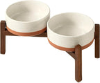 Ceramic 7.3inch Raised Double Dog Bowls Set with Acacia Wood Stand, Food & Water Bowls for Medium Breed Dogs, Weighted Pet Dishes(41oz, Vanilla White)