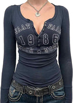 Xineicy Women's Y2K Long Sleeve Henley Tops Casual T-Shirts for Women Slim Fit Vintage Graphic Crop Tops