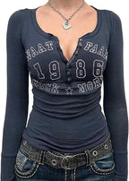 Xineicy Women's Y2K Long Sleeve Henley Tops Casual T-Shirts for Women Slim Fit Vintage Graphic Crop Tops