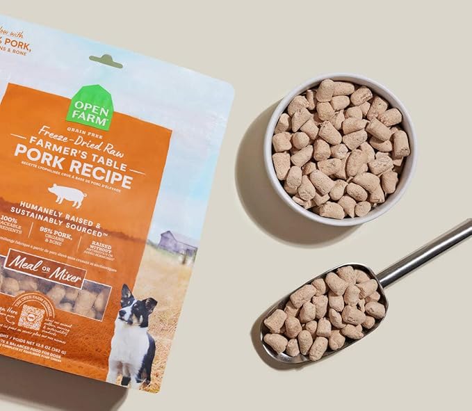 Open Farm, Freeze Dried Raw Dog Food, Morsels with 95% Meat, Organs & Bone, Organic Produce & Superfoods, Complete Meal or Freeze Dried Dog Food Topper, Pork Recipe, 13.5oz Bag