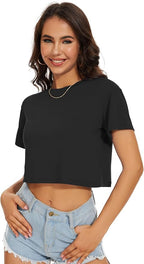Womens Summer Crop Tops Short Sleeve Round Neck T-Shirts Loose Fit Casual Blouse