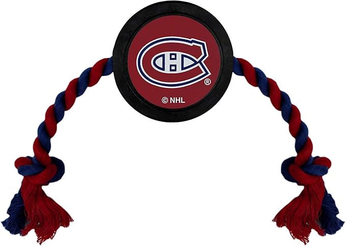 Pets First Dog Rubber Toy with Heavy-Duty Rope Tug. NHL Montreal Canadiens Puck Toy for Dogs & Cats. Play Hockey with Your Pet!