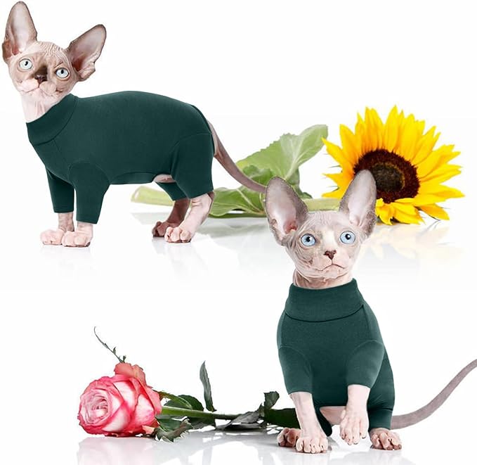 ROZKITCH Sphynx Cat Clothes, Breathable Soft Cat Jumpers for Cats Only, Coat with Four Legs, Warm Sweater T-Shirt Pajamas Jumpsuit Vest Cornish Rex Devon Rex Peterbald DarkGreen M