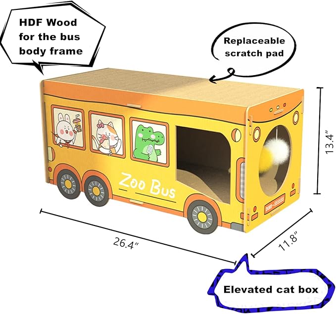 SHENGOCASE Wooden Jumbo 26.4" x 11.8" Extra Large Bus Shaped Cat Scratcher House for Big Cat Maine Coon, Cardboard Cat House with Scratching Pad for Indoor Cats