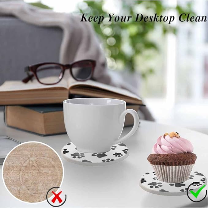 oFloral Dog Paws Cute Coasters for Drinks Animal Grey Footprints Cups Place Mats for Home Decor Set of 2, 4 Inch