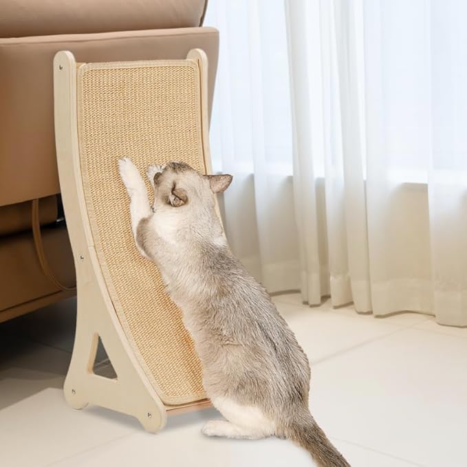 Curved Cat Scratcher, L-Shaped Sisal Cat Scratching Pad for Indoor Cats, 25.6" Cat Furniture Protector with Interactive Mouse Toy, Durable Scratch Board