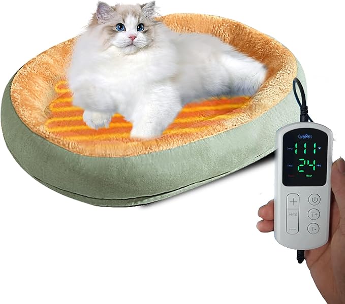 Heated Cat Bed Indoor w/ 12V Electric Heating Pad, Thermal Warming Heated Pet Bed with Adjustable Temperature & Timer