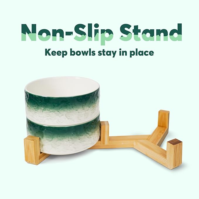 YOBRO Elegant Dog Bowls Set for Small Breeds, Beautiful Ceramic Stone Alike Style, Pet Bowl Set with Wooden Stand, Non-Slip,Modern Food or Water Dishs for Small Size Dogs, Gifts for Dog Owners, Green