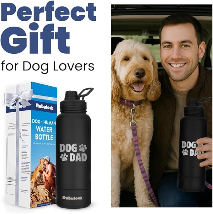 Dog Dad Water Bottle – 32 oz Stainless Steel Double Wall Insulated with 8 oz Detachable Bowl on Bottom – Cool Dog Dad Gifts for Men for Hiking, Walking, Travel & Everyday Adventures – DD Black
