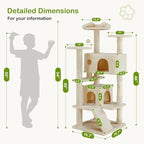 DUMOS 54-inch Indoor Cat Tree Tower –Multi-Level Pet House for Large Cats with 2 Condos, Scratching Posts, Round Platform, Small Ladder, and Toys, Beige