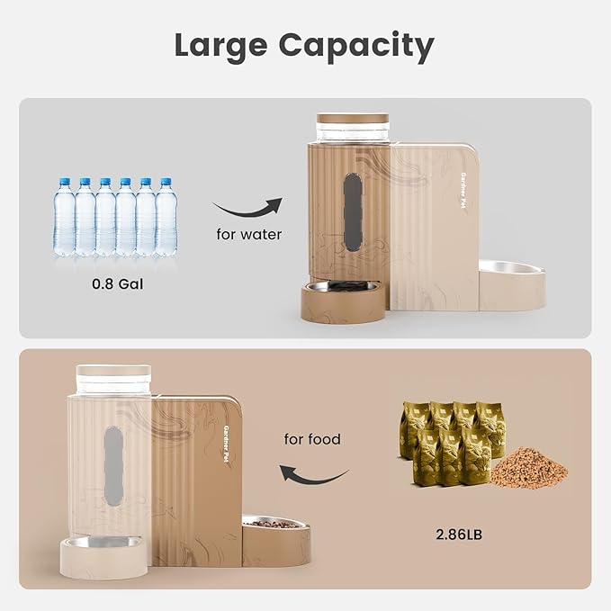 Gardner Pet Gravity Automatic 2-in-1 Pet Feeder, 0.8 Gallons*2 Cat Feeder and Water Dispenser Set, 100% BPA-Free and Stainless Steel Water Bowl for Dogs, Cats, Rabbits, Puppies (Light Woodgrain)