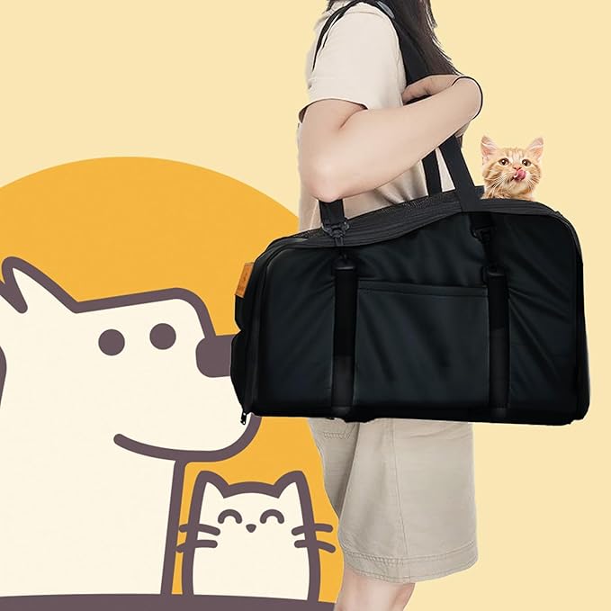 Multipurpose Console Dog Car Seat for Small Dogs & Cats， Portable Pet Carrier with Safety Tether & Storage Pockets (Black, Middle)