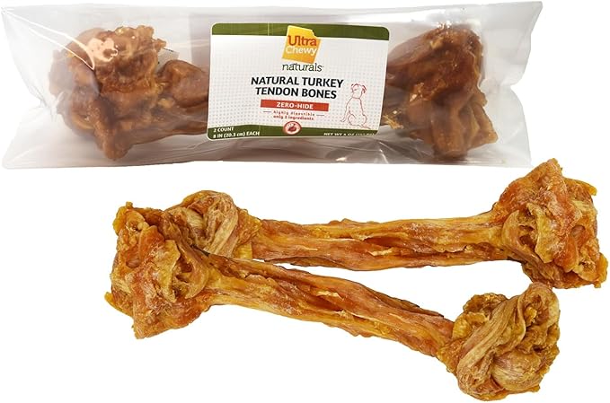 Ultra Chewy Turkey Tendon Knotted Bones for Dogs - Premium All-Natural, Hypoallergenic, Long-Lasting Dog Chew Treat, Easy to Digest - Ingredient Sourced from USA (8 Inches - 2 Pack)