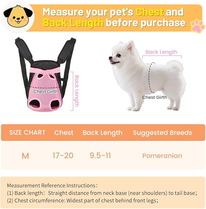 Inspack Dog Cat Backpack Carrier, Dog Carrier Adjustable for Small Medium Dogs, Pet Dog Front Chest Carriers Backpacks, Puppy Carrier Sling Backpack, Holder Papoose for Cat Body, M, Pink