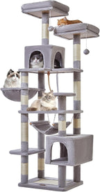 Taoqimiao Cat Tree, 71-Inch Cat Tree Cat Tower for Indoor Cats, Plush Multi-Level Cat Condo with 10 Scratching Posts, 2 Perches,Basket, 2 Caves,Hammock, 2 Pompoms,MS020W Light Gray