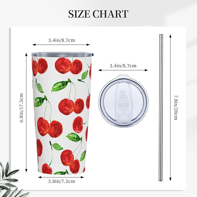 Dujiea 20oz Tumbler With Lid And Straw, Sweet Red Cherry Vacuum Insulated Iced Coffee Mug Reusable Travel Cup Stainless Steel Water Bottle