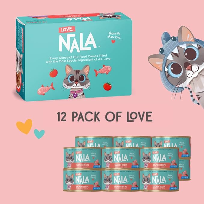 LOVE, NALA - Natural Adult Cat Wet Food - FLAKED Salmon in Broth - Grain Free, Non-GMO, Lean Protein with Omega 3, Added Minerals & Vitamins - 12 Pack, 2.4 lbs.