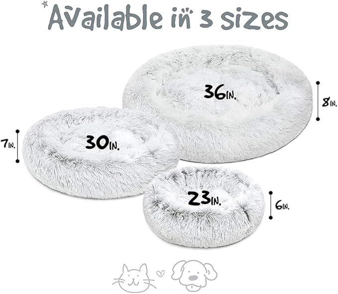 Friends Forever Donut Dog Bed Faux Fur Fluffy Calming Sofa For Large Dogs, Soft & Plush Anti Anxiety Pet Couch For Dogs, Machine Washable Coco Pet Bed with Non-Slip Bottom, 36"x36"x8" Ivory