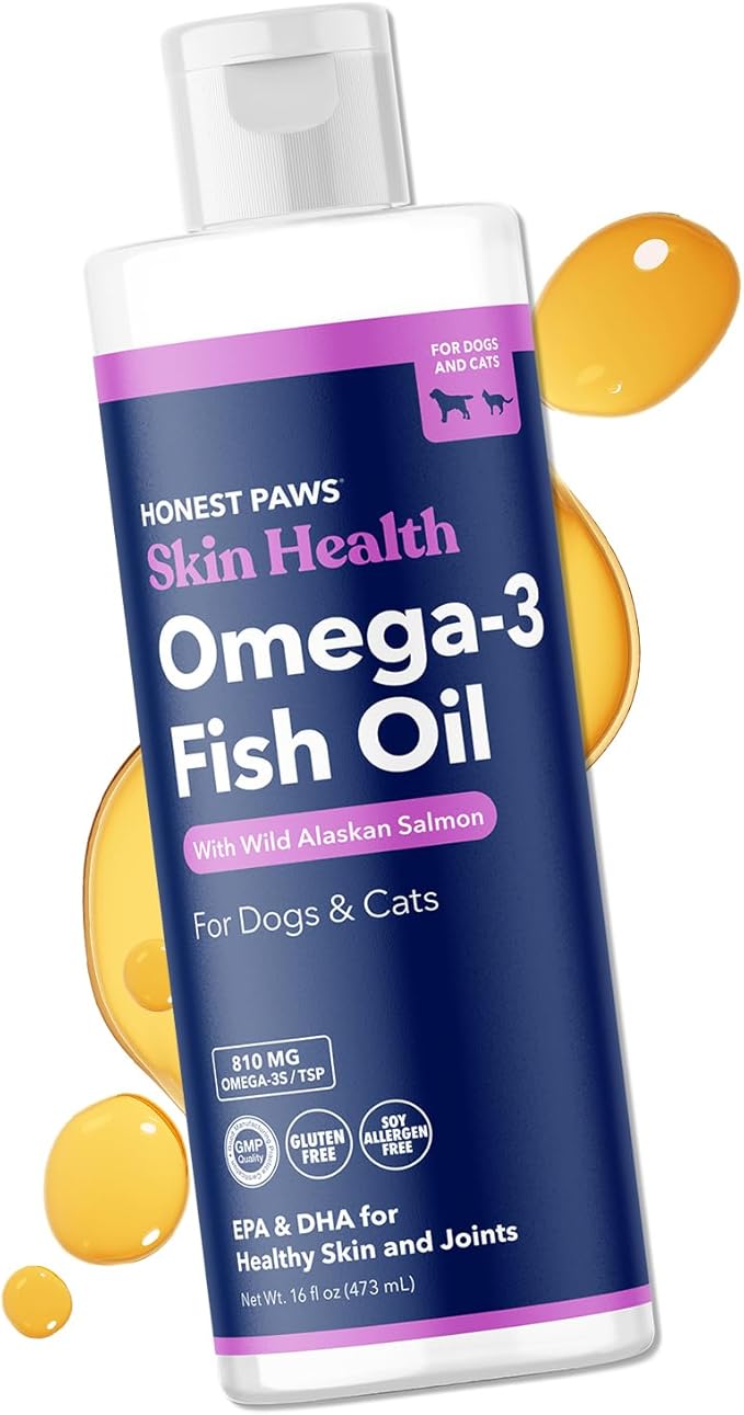Honest Paws Fish Oil for Dogs and Cats - Omega 3 Wild Alaskan Salmon Oil - Healthy Skin, Joints, Nutritional Support, Shiny Coat - Fatty Acid, Pollock Oil - Sustainably Sourced - 16 Oz