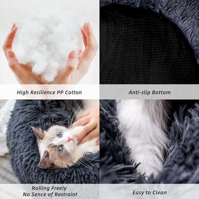 Cat Beds for Indoor Cats - Cat Bed Washable 20/24 inches, Dog Beds for Small Medium Dogs, Anti Anxiety Round Fluffy Plush Faux Fur Cat Bed, Thick Bottom (Dark Grey, Medium)