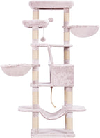 Heybly Cat Tree, 68 inch Multi-Level Cat Tower for Indoor Cats, 2 Widened Plush Perches Cat Condo with Scratching Board and Big Caves, Muchroom HCT025MU