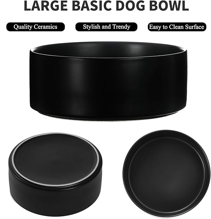 8'' Ceramic Dog Bowl - 70Oz, Heavy Duty, Non-Slip, Dishwasher Safe, Modern Style, Food Grade Stoneware Pet Bowl, Black