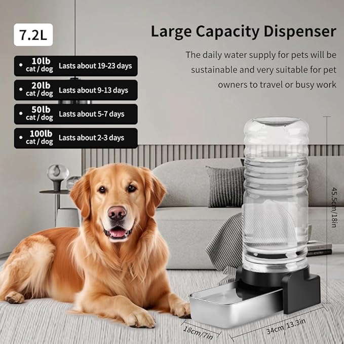 Marchul 1.9 Gallon Dog Water Dispenser, Large Dog Water Bowl Dispenser with Stainless Steel, Automatic Gravity Pet Bowl for Dogs Medium to Large (3 Filters) 7.2L