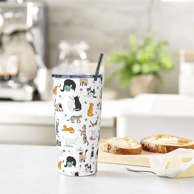 Cat Tumbler With Lid and Straw, 20 Oz Stainless Steel Insulated Water Bottle Coffee Mug, Gifts for Cat Lovers