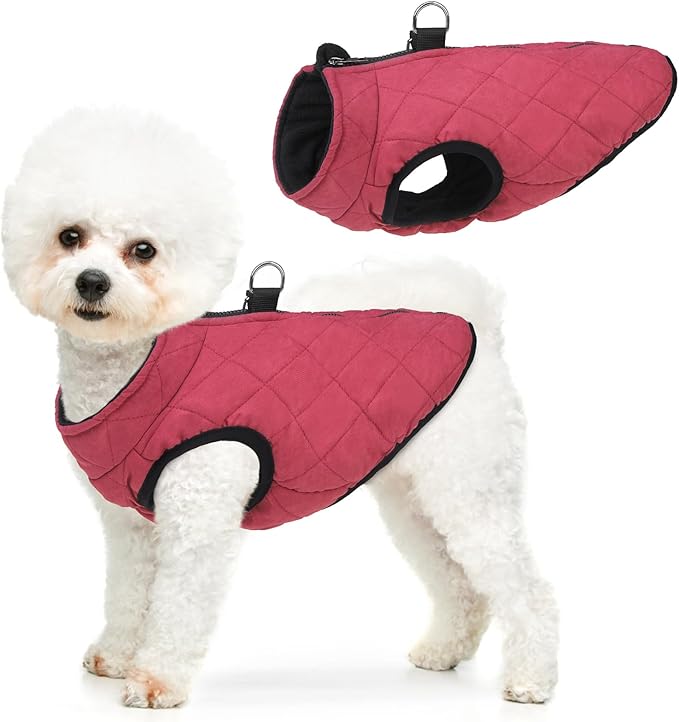 SCENEREAL Winter Dog Vest Coat with Built-in Harness, Warm Puppy Jacket for Small to Medium Dogs, Cold Weather Coat with Zipper, Fleece Puffer Vest, Windproof Snow Clothes