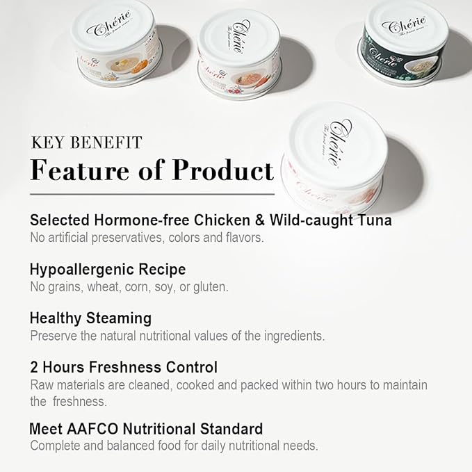 CHÉRIE Complete & Balanced Diet Series Wet Cat Food in Gravy Seafood Variety Pack, Tuna Entree with Natural Vegetables for Skin, Joint, Stomach, Urinary Tract Health, Grain-Free, 24 Pack, 2.8 oz. Can