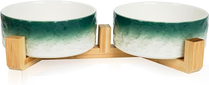 YOBRO Elegant Dog Bowls Set for Small Breeds, Beautiful Ceramic Stone Alike Style, Pet Bowl Set with Wooden Stand, Non-Slip,Modern Food or Water Dishs for Small Size Dogs, Gifts for Dog Owners, Green