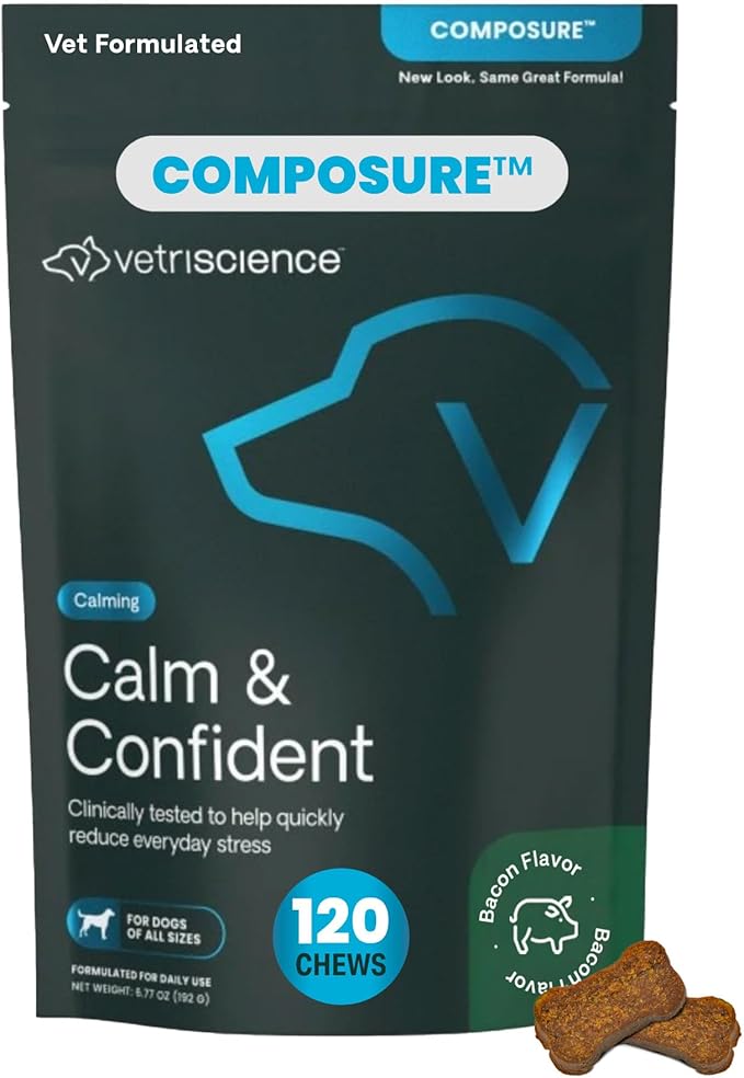 VetriScience Calm & Confident Calming Chews for Dogs, Supplement for Stress Support, Thunderstorms, Fireworks, & Travel, Bacon, Soft Chews, 120 Count - New Look