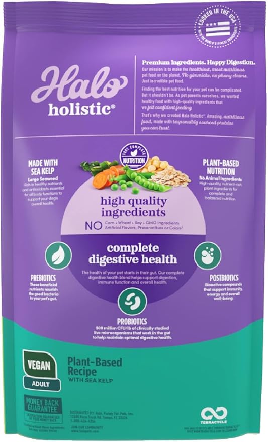Halo Holistic Vegan Dog Food, Plant-Based Recipe with Kelp, Dry Dog Food, Complete Digestive Health, Kibble for Adult Dogs, 10 lb Bag