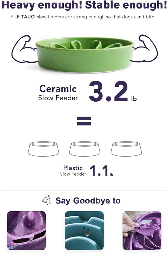 LE TAUCI Slow Feeder Dog Bowls Ceramic, 1.5 Cups Dog Food Bowl, Puppy Slow Feeder Dish for Fast Eaters, Clover Green