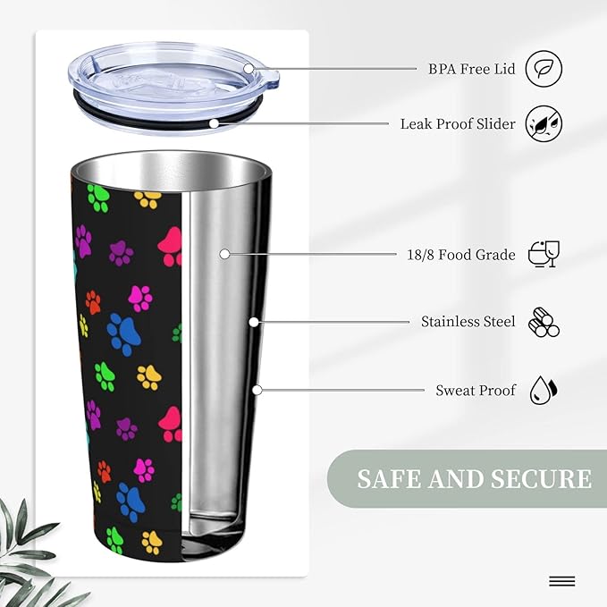 Dujiea 20oz Tumbler With Lid And Straw, Colorful Dog Cat Paw Print Vacuum Insulated Iced Coffee Mug Reusable Travel Cup Stainless Steel Water Bottle