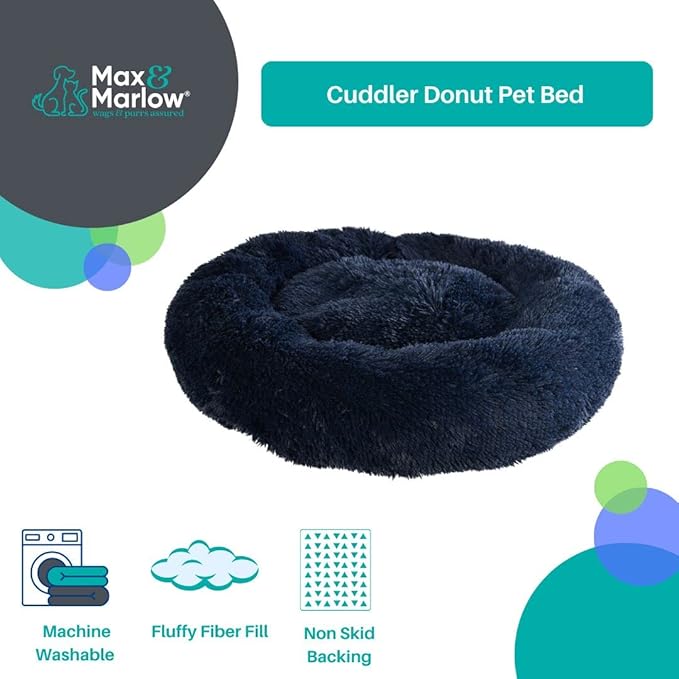 Max & Marlow Long Lush Faux-Fur, Anti-Anxiety Cuddler, Donut Dog & Cat Bed, Non Slip Bottom, Medium, Navy