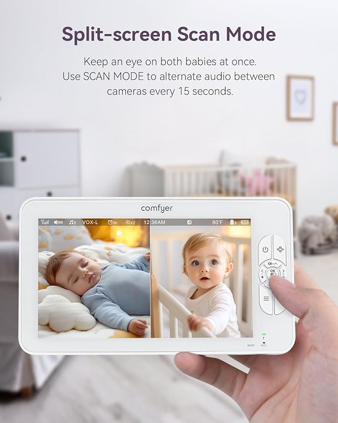 7" HD Split-Screen Baby Monitor with 2 1080P Cameras, 120 Hrs 6000mAh Battery Runs 5 Days in VOX Mode, No WiFi Monitor with a Flexible Bracket, 2 Way Audio, Remote PTZ, Auto Night Vision