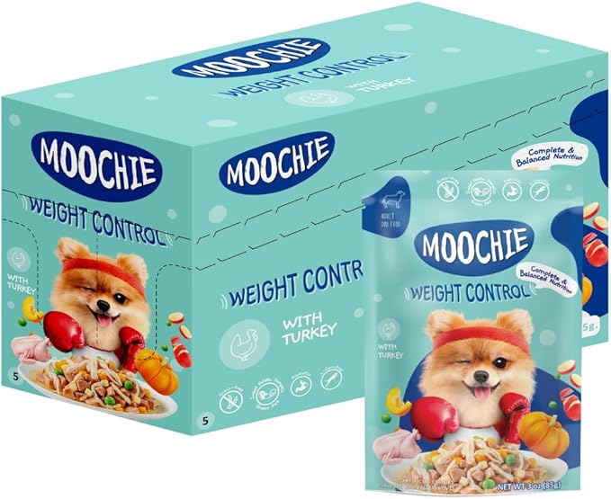 MOOCHIE Grain Free Small Dogs Wet Dog Food - Weight Control - Turkey, Sweet Potato & Pumpkin - No Artificial Flavors or Preservative - 12 x 3 oz Pouch
