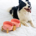 SPUNKYJUNKY 15° Slanted Ceramic Dog and Cat Bowl with Wooden Stand, Tilted Bulldog Food and Water Bowl No Slip Non-Spill for Cats Medium Dogs Big Face Pets 28.7 OZ (3.6 Cups, Pink × 2)