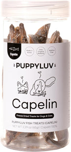 Puppyluv Treat - Freeze Dried Capelin Dog & Cat Treats, Rich Fish Oil with Omega 3 Fatty Acides to Support Skin and Coat, Whole Fish, Grain Free, 2.3oz