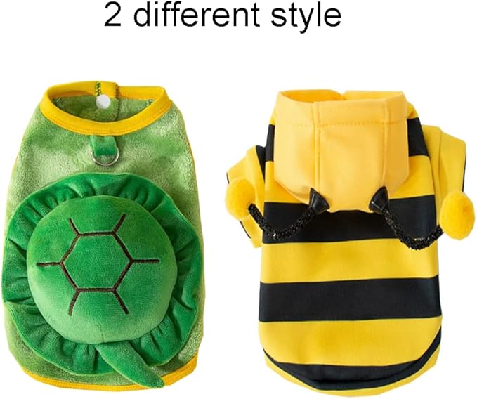 2 PCS Funny Warm Small Dog Clothes Halloween Pet Bee Costume Winter Puppy Hoodies and Vest Sets Flannel Jacket with D-Ring for Cats Dogs (Green, Large)